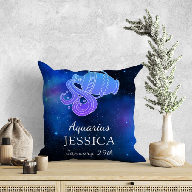 Name with Zodiac sign Aquarius Gift Throw Pillow (Creator Uploaded)