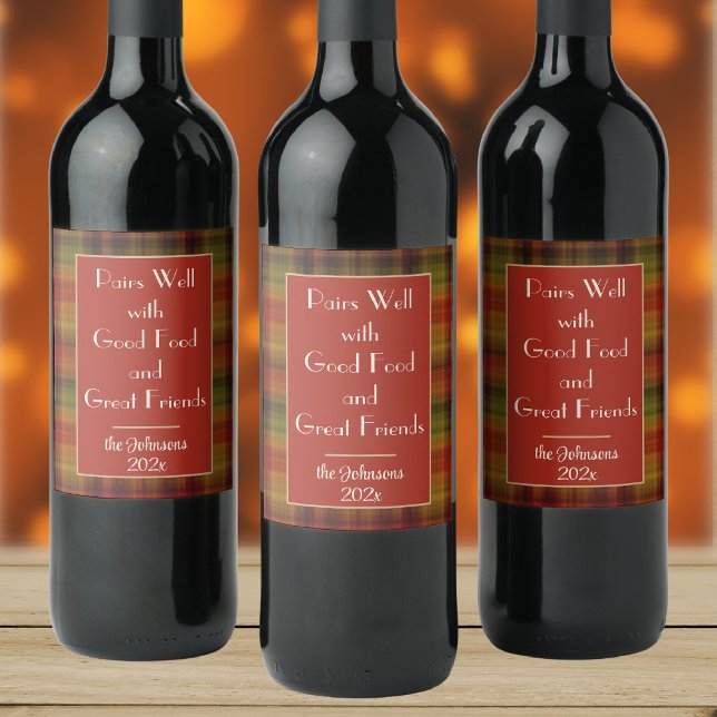 Name Year Quote, Autumn Plaid Pattern, Set of 6 Wine Label (Creator Uploaded)
