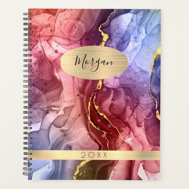 Name & Year, Red, Blue & Gold Ink Abstract Planner (Front)