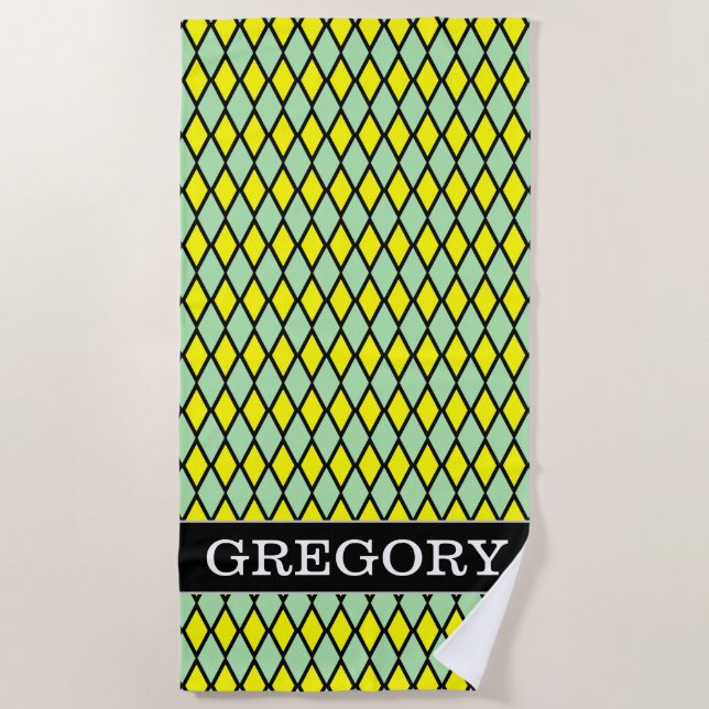 Name + Yellow and Green Diamond Shape Pattern Beach Towel (Front)