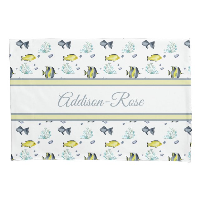 Name Yellow Blue Tropical Fish Pattern Nursery Pillowcase (Front)