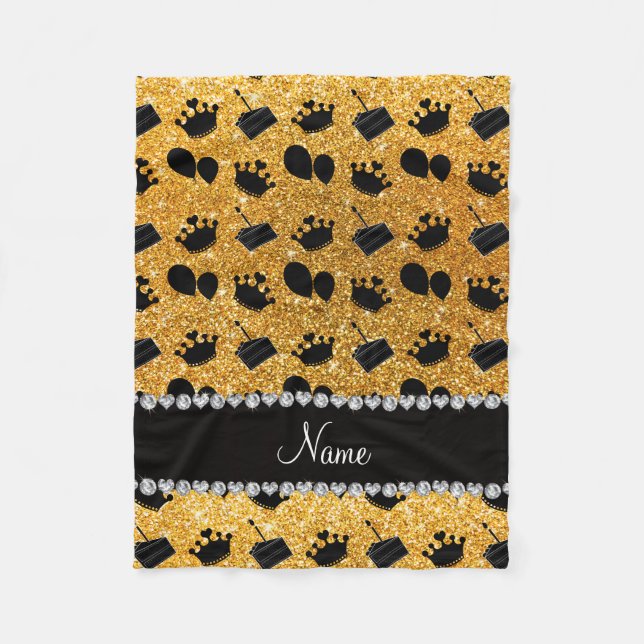 Name yellow glitter crowns balloons cake fleece blanket (Front)