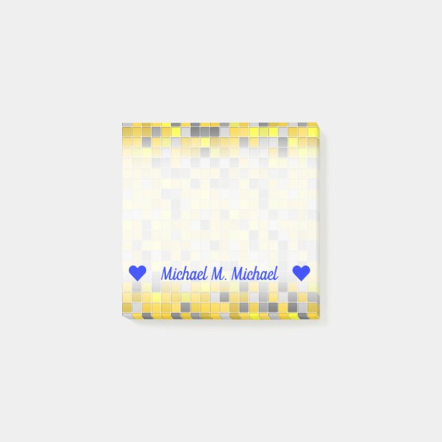 Name; Yellows and Greys Tiled Squares Pattern Post-it Notes (Front)