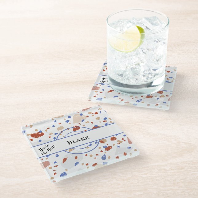 Name, You're the Best, Terrazzo Pattern Glass Coaster (Angled)
