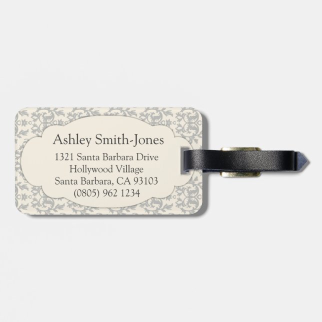 Named damask grey & cream luggage tag (Back Horizontal)