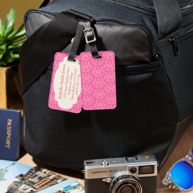 Named damask pink & cream luggage tag (Front & Back)