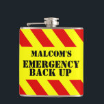 Named emergency back up chevron mens hip flask<br><div class="desc">Fun hazard help emergency courage flash,  ideal gift for a best man,  groom or men in situations that may require a little back up or Dutch courage. personalise with the name and cautionary words of your choice. Currently reads Malcom's Emergency Back Up. Designed by Sarah Trett.</div>