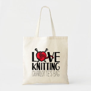 Named love knitting red bag