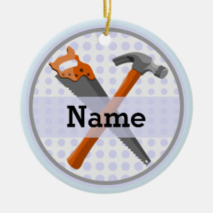 Named Personalised Tools design for boys. Ceramic Tree Decoration