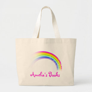 Named rainbow pink library tote bag