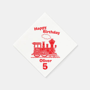 Named red train boys 5th birthday napkins