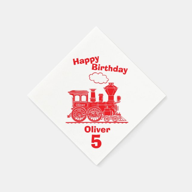 Named red train boys 5th birthday napkins (Corner)