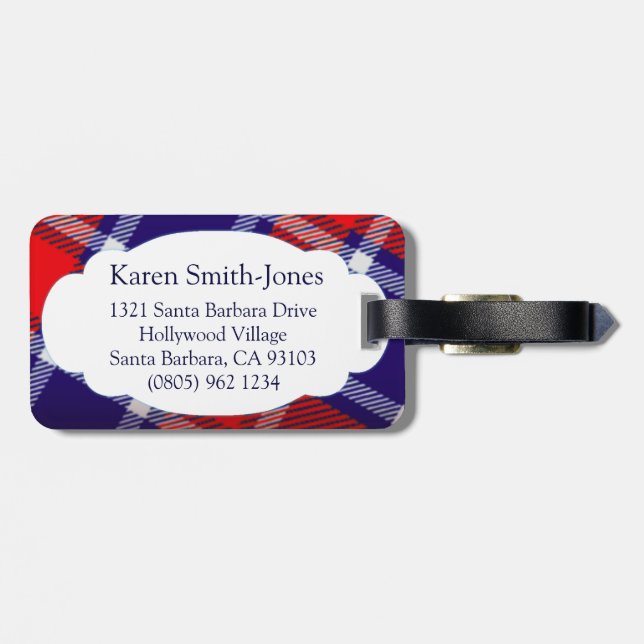 Named tartan blue, red & white luggage tag (Back Horizontal)