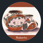 Named Watercolor Native American Pottery Art  Classic Round Sticker<br><div class="desc">From my Original Watercolor Native American Pottery Art Monogrammed Stickers</div>