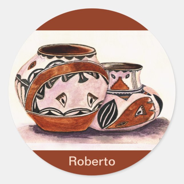 Named Watercolor Native American Pottery Art  Classic Round Sticker (Front)