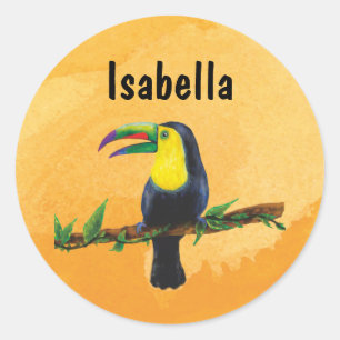 Namensaufkleber orange - Tucan Aquarell-Design Classic Round Sticker