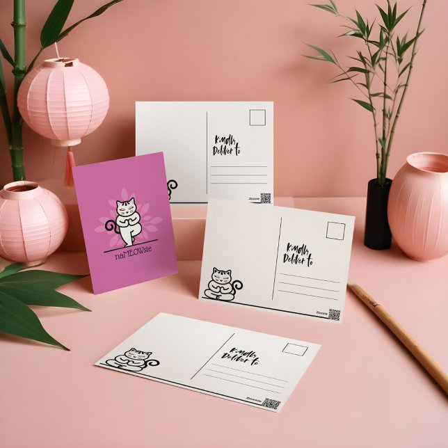 NaMEOWste Cat In a Yoga Meditating Tree Pose Pink Postcard (NaMEOWste Cat In a Yoga Meditating Tree Pose Pink Postcard)