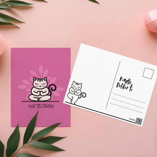 NaMEOWste Cute Cat In a Yoga Meditating Pose Pink Postcard (NaMEOWste Cute Cat In a Yoga Meditating Pose Pink Postcard)