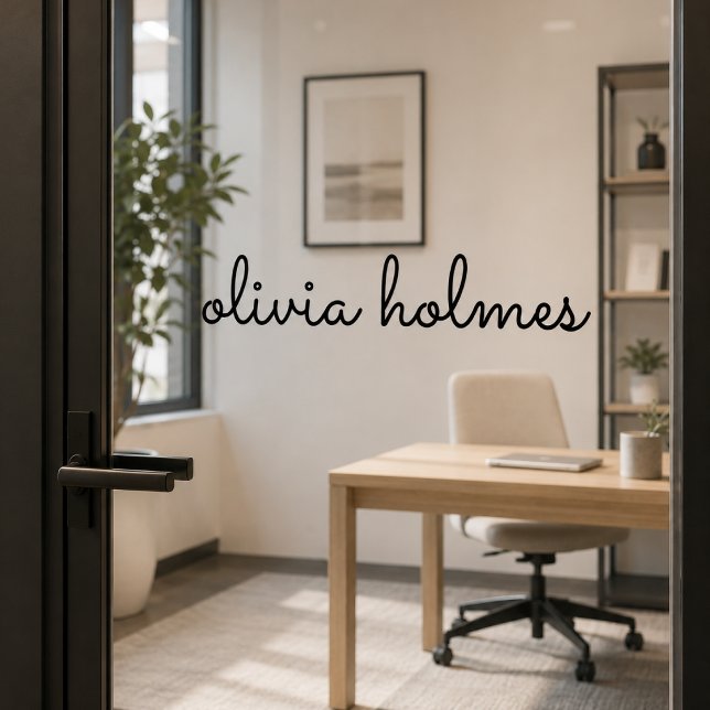 Nameplate Window Cling | Script Name Office Door (Custom script nameplate window cling for glass office doors, studios, and reception rooms.)