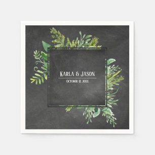 Names and Date w/ Greenery Bouquet on Chalkboard Napkin