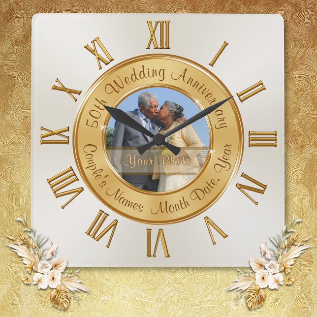 Names and Photo 50 Year Wedding Anniversary Gift Square Wall Clock (50 year wedding anniversary gifts for friends, grandparents, parents. 50th anniversary clock. Golden)