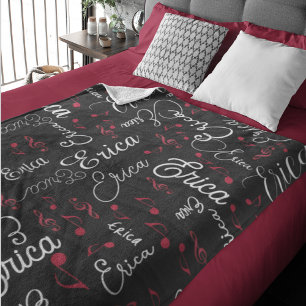 Names and Speckled Musical Notes allover black Fleece Blanket