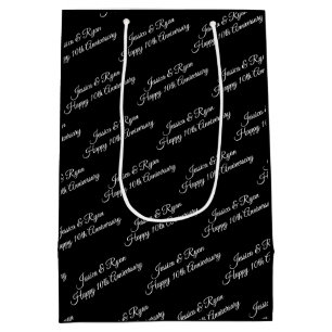 Names, Anniversary Year, White Script, Black Medium Gift Bag