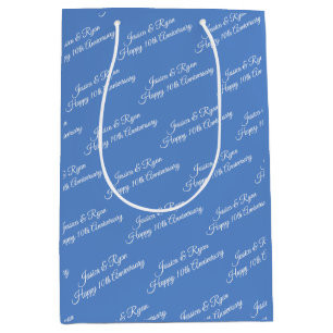Names, Anniversary Year, White Script, Blue Medium Gift Bag