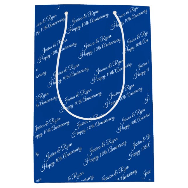 Names, Anniversary Year, White Script, Deep Blue Medium Gift Bag (Front)