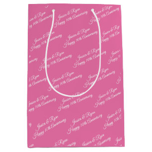 Names, Anniversary Year, White Script, Pink Medium Gift Bag