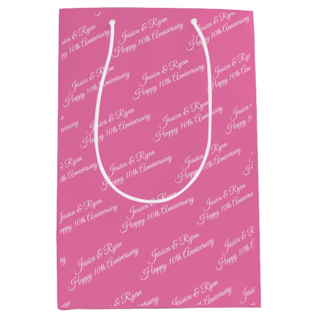 Names, Anniversary Year, White Script, Pink Medium Gift Bag (Front)