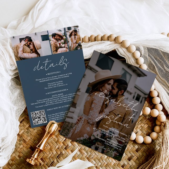 Names calligraphy blue 4 photo all in one wedding invitation (Names calligraphy dusty blue  4 photos all in one wedding invitation)