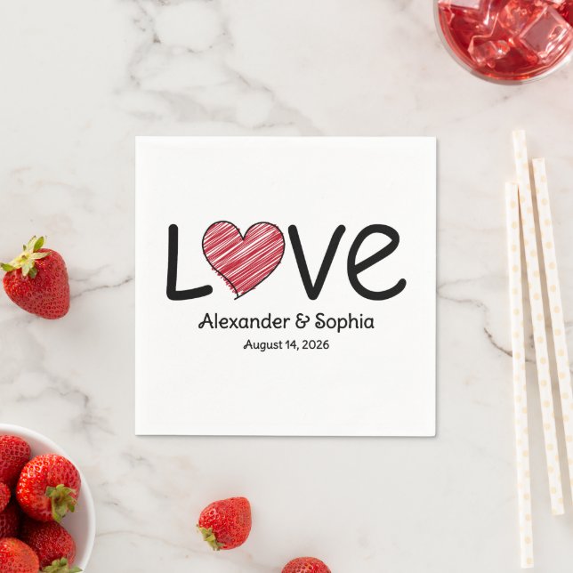 Names & Date Love Scribble Heart Modern Minimalist Napkin (Insitu)