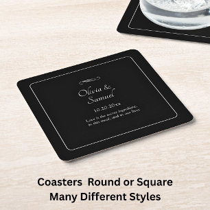 Names Date Message Black White Infinity Scroll,  Square Paper Coaster