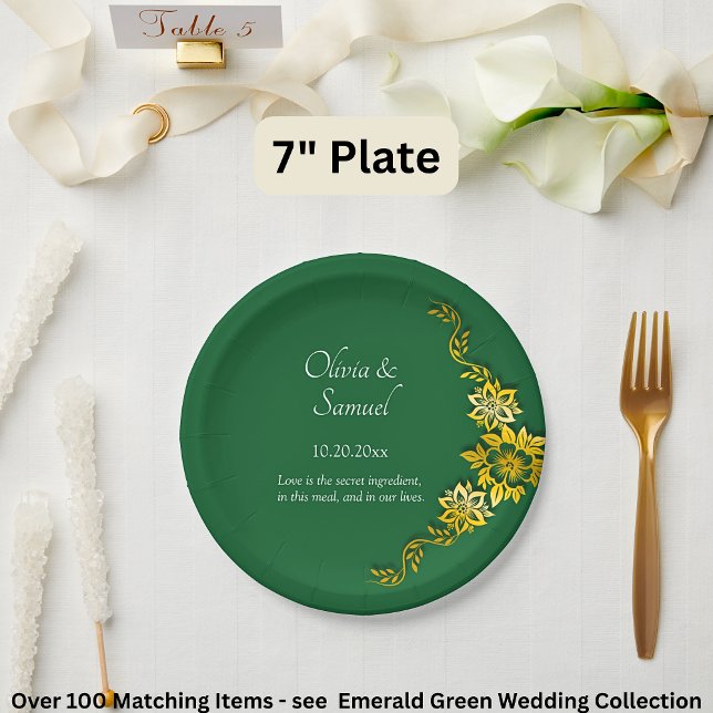Names Date Message Emerald Green & Gold 7" Paper Plate (Creator Uploaded)
