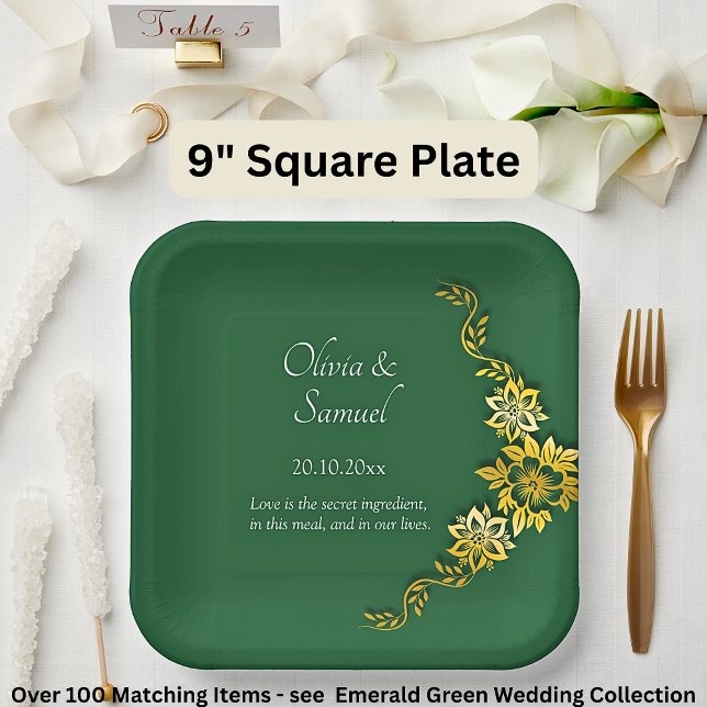 Names Date Message Emerald Green & Gold 9" Square Paper Plate (Creator Uploaded)