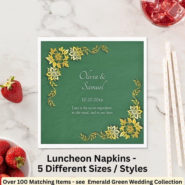 Names Date Message Emerald Green & Gold Luncheon Napkin (Creator Uploaded)