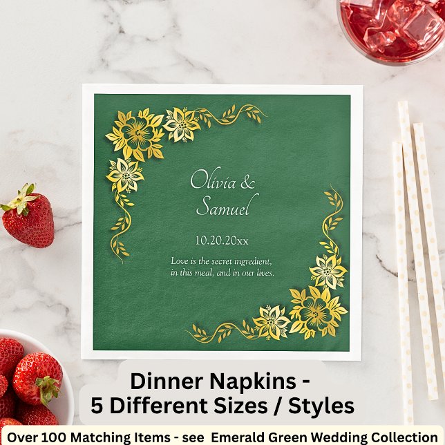Names Date Message Emerald Green & Gold Napkin (Creator Uploaded)