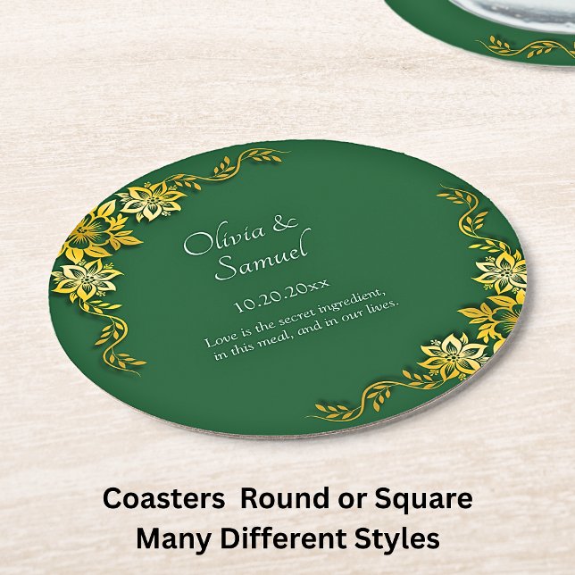 Names Date Message Emerald Green & Gold  Round Paper Coaster (Creator Uploaded)