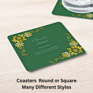 Names Date Message Emerald Green & Gold  Square Paper Coaster