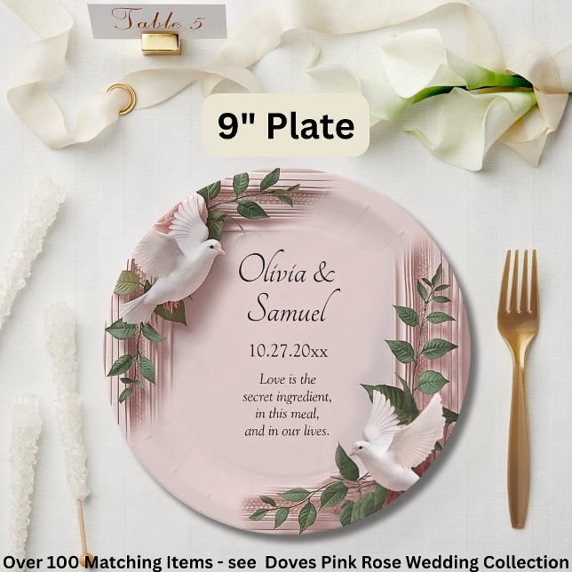Names Date Message Pink Roses & Doves Wedding 9" Paper Plate (Creator Uploaded)