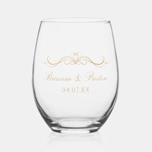 Names Date Modern Elegant Gold Script Wedding Gift Stemless Wine Glass