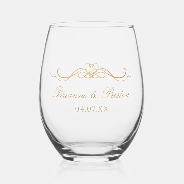 Names Date Modern Elegant Gold Script Wedding Gift Stemless Wine Glass (Front)