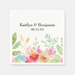 Names & Date w/ Colourful Watercolor Flowers Napkin