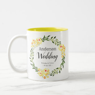 Names & Date Yellow Watercolor Flowers Wedding Two-Tone Coffee Mug