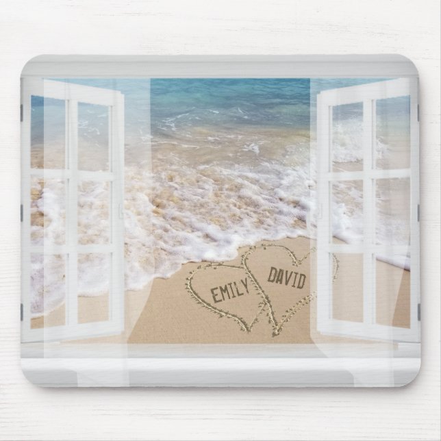 Names in Beach Hearts In Window Mouse Pad (Front)