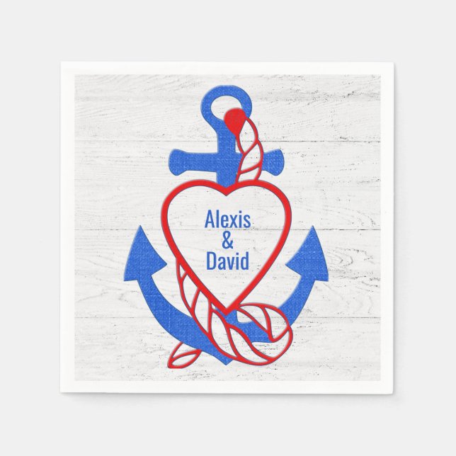 Names In Heart Anchor On Whitewashed Wood Napkin (Front)
