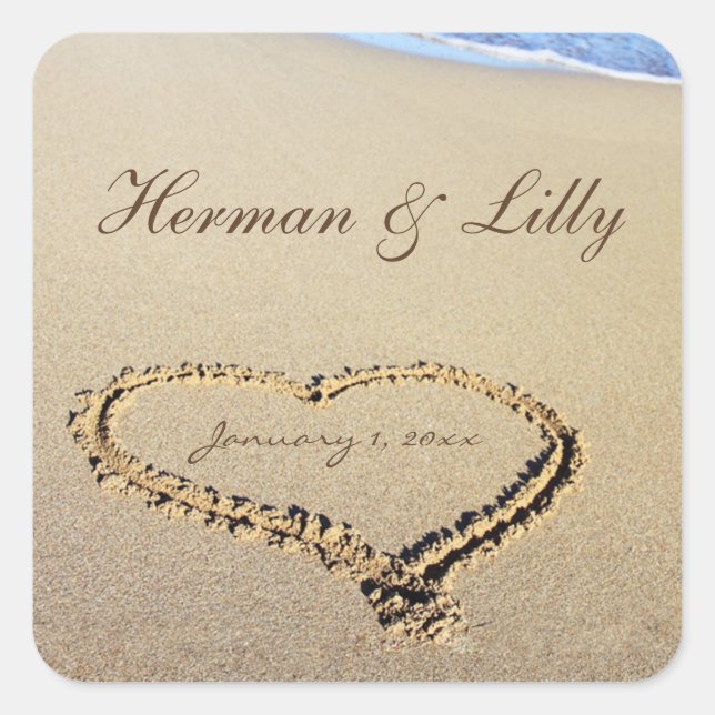 Names In The Sand Personal Square Wedding Sticker (Front)