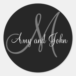 Names & Initial Monogram Wedding Sticker Black