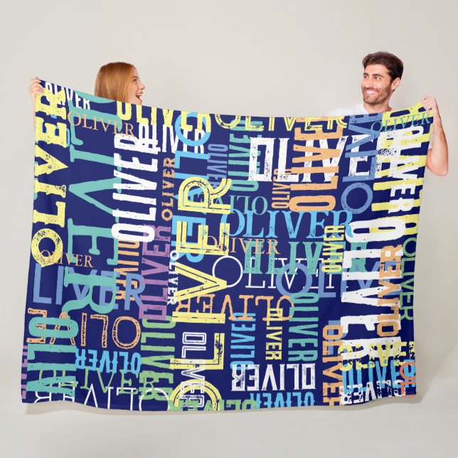 Names Replicated Colour Pattern Typography on Blue Fleece Blanket (In Situ)